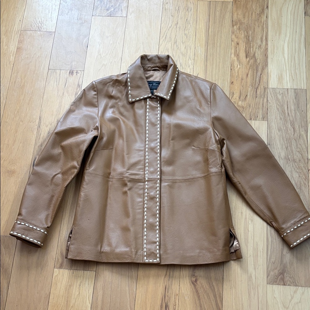 Terry Lewis camel Leather jacket with white stitch detail size Small.